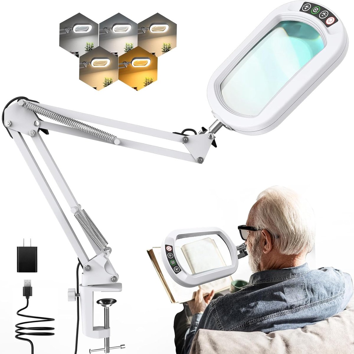 10 x Magnifying Glass with Light and Clamp, Real Glass, Standing Lighting, 5 Colour Modes and Continuous Dimmability - ShopVlot