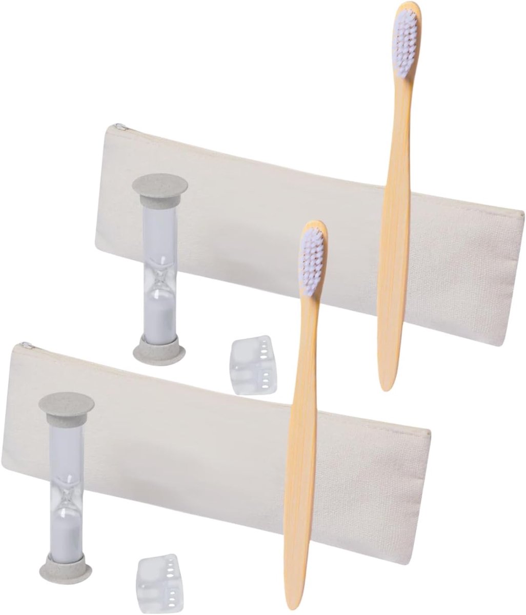 Set of 2 children's toothbrushes with bamboo toothbrush with protective cap, mini hourglass for brushing and reusable - ShopVlot