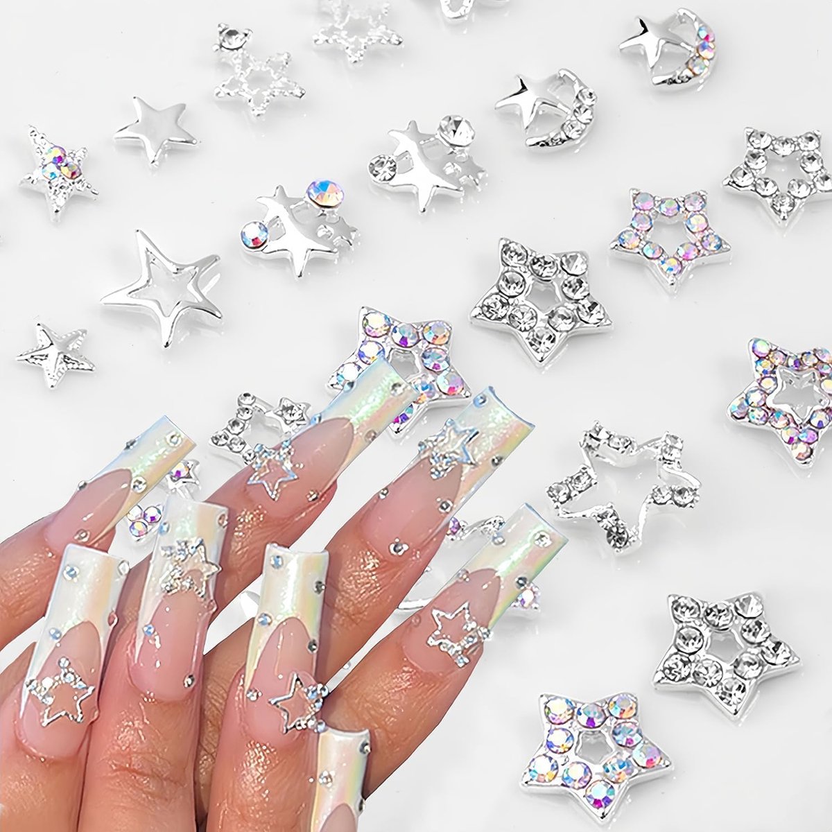 Pack of 20 Star Nail Pendants, 3D Silver Stars, Nail Rhinestones, Star Design, Nail Gems, Crystal Diamond Alloy, Nail - ShopVlot