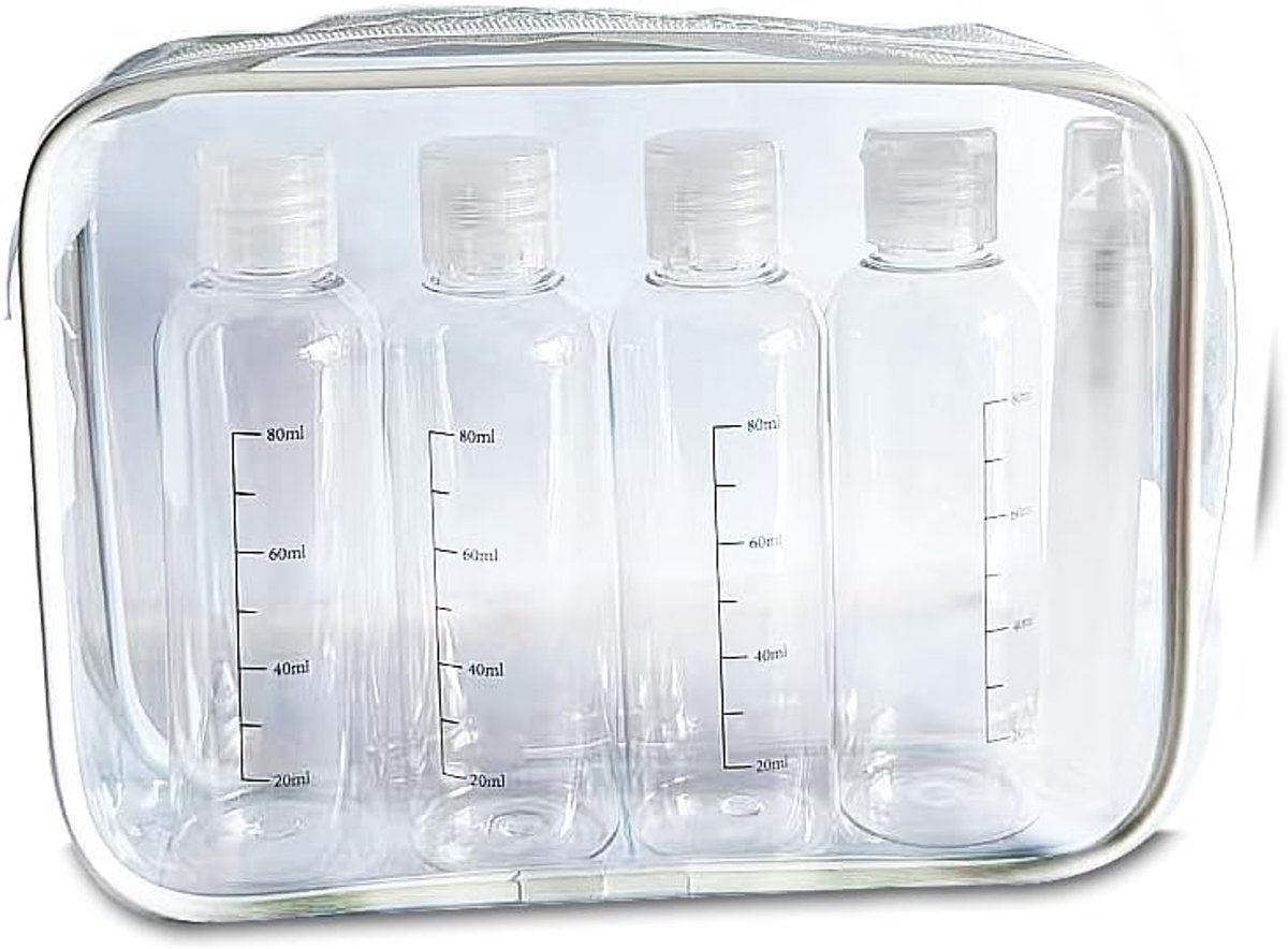 Toilettas 4-delig - Transparant - 60 ml - Voor vloeistoffen in vliegtuig - ShopVlot