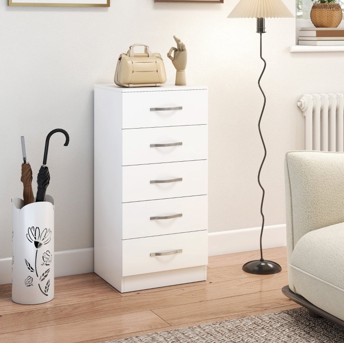OKWISH Ladekast - 5 Laden - Smalle Opbergkast Voor Slaapkamer Hal Woonkamer En Logeerkamer - Wit Spaanplaat - 40 X 35 X 85 Cm