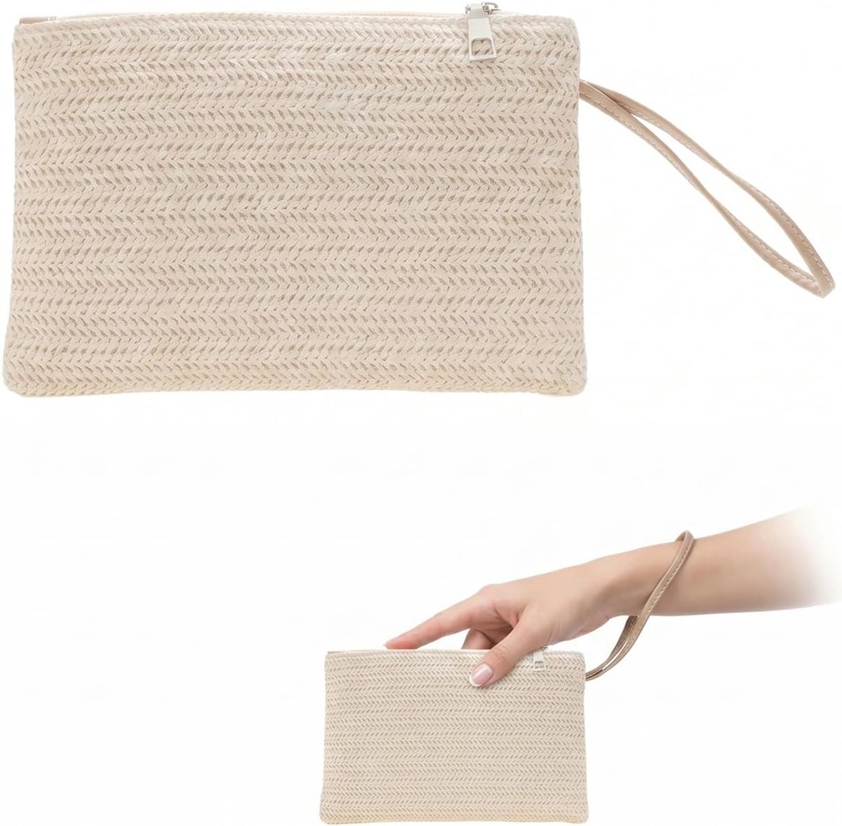 Strandtas voor dames, bohemian, van stro, geweven, wit, elegante zomerhandtas met ritssluiting voor vakantie - ShopVlot