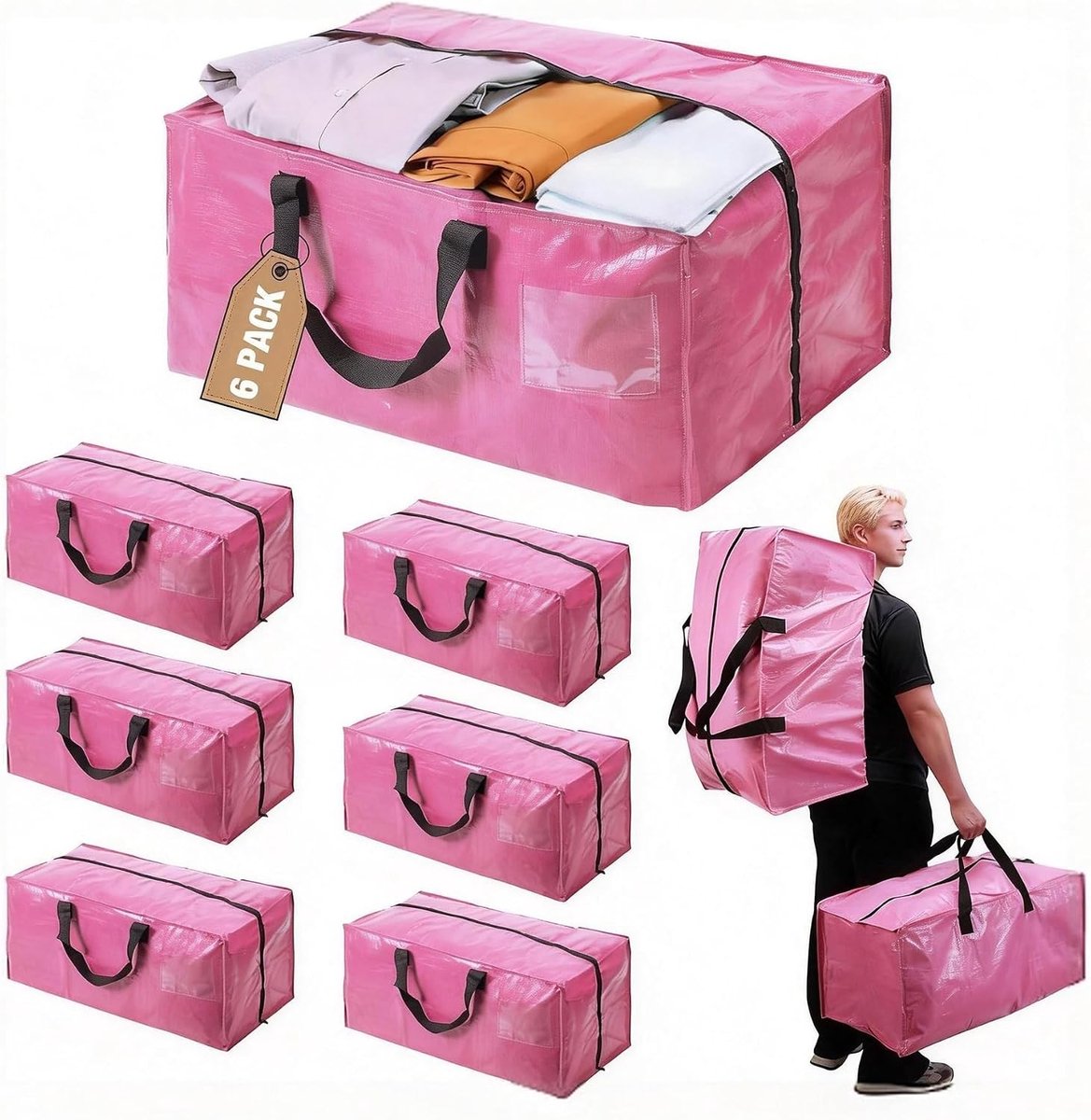 FUSHITON Roze Verhuiszakken 6 Stuks, Extra Groot 83L Opbergzakken met Rits & Versterkte Handvatten, Opvouwbare Verhuis - ShopVlot