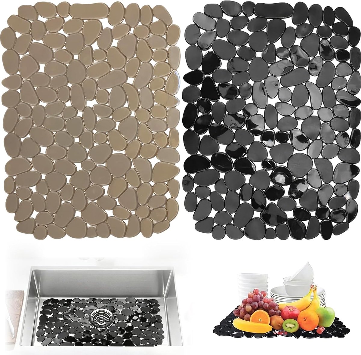 Spoelbakmat, 2 stuks, pvc, afwasbakmat, spoelbak, beschermmat, gootsteenbescherming, kiezelvorm, spoelbeschermingsmat - ShopVlot