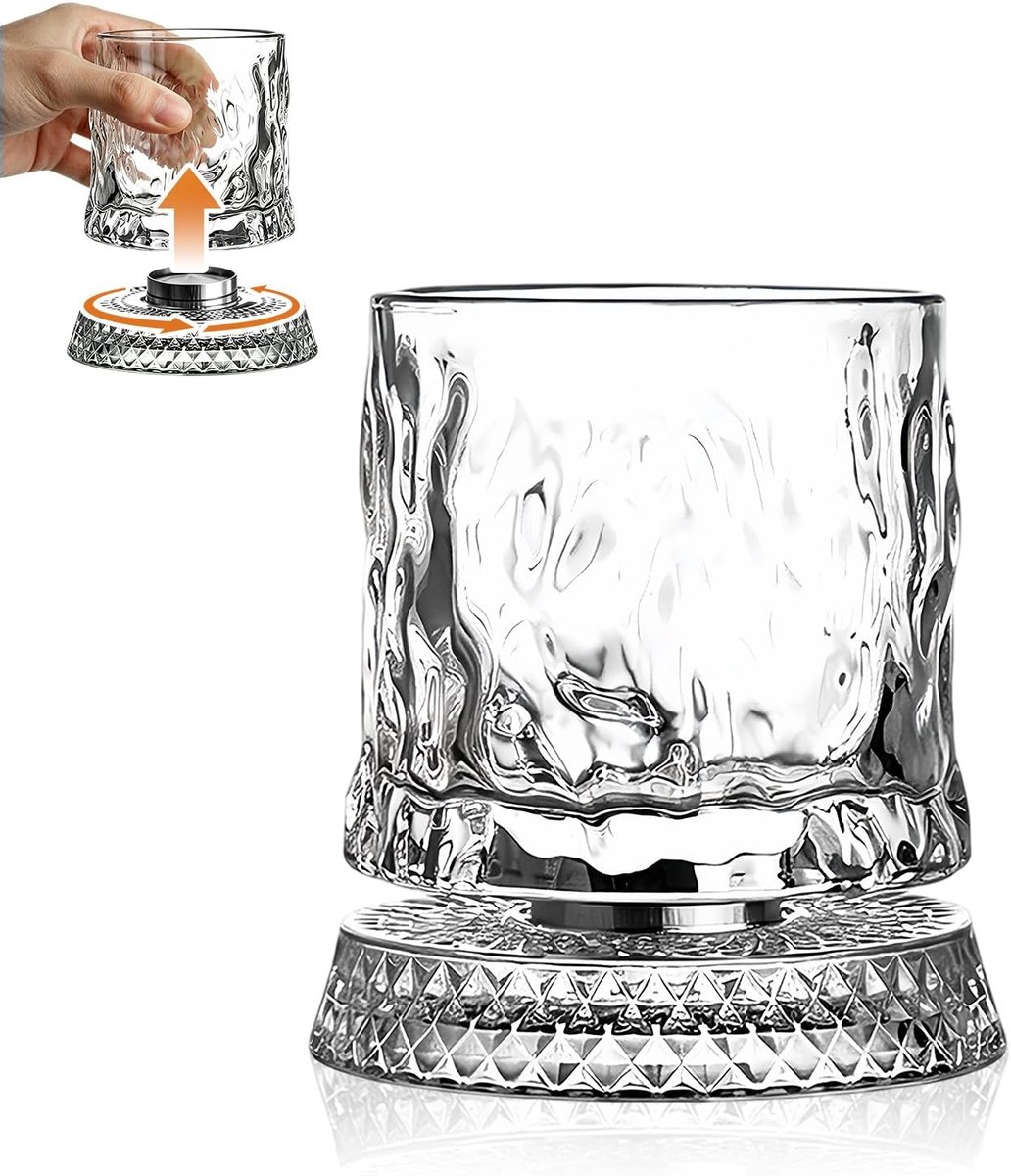 Joyzan 2 stuks 360 graden roterende whiskyglazen, kristalglas met roterende basis, spinning-glas met ijsgravure voor - ShopVlot