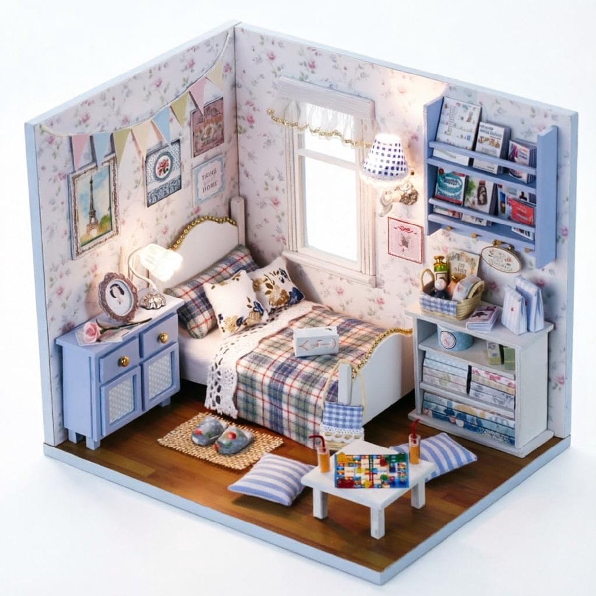 CUTEROOM DIY Miniatuurhuis, Miniatuurpoppenhuis met LED-verlichting en Muziekdoos, Roze Mini Tiny House, 3D Houten - ShopVlot