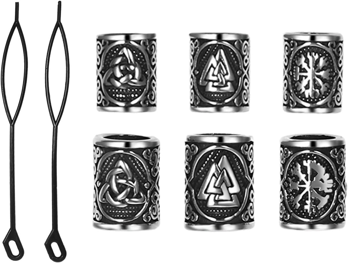 Cupimatch Viking Beard Beads Hair Bead Set Stainless Steel Hair Beard Jewelry Celtic 6 Pieces Rune Beads in 2 Sizes - ShopVlot