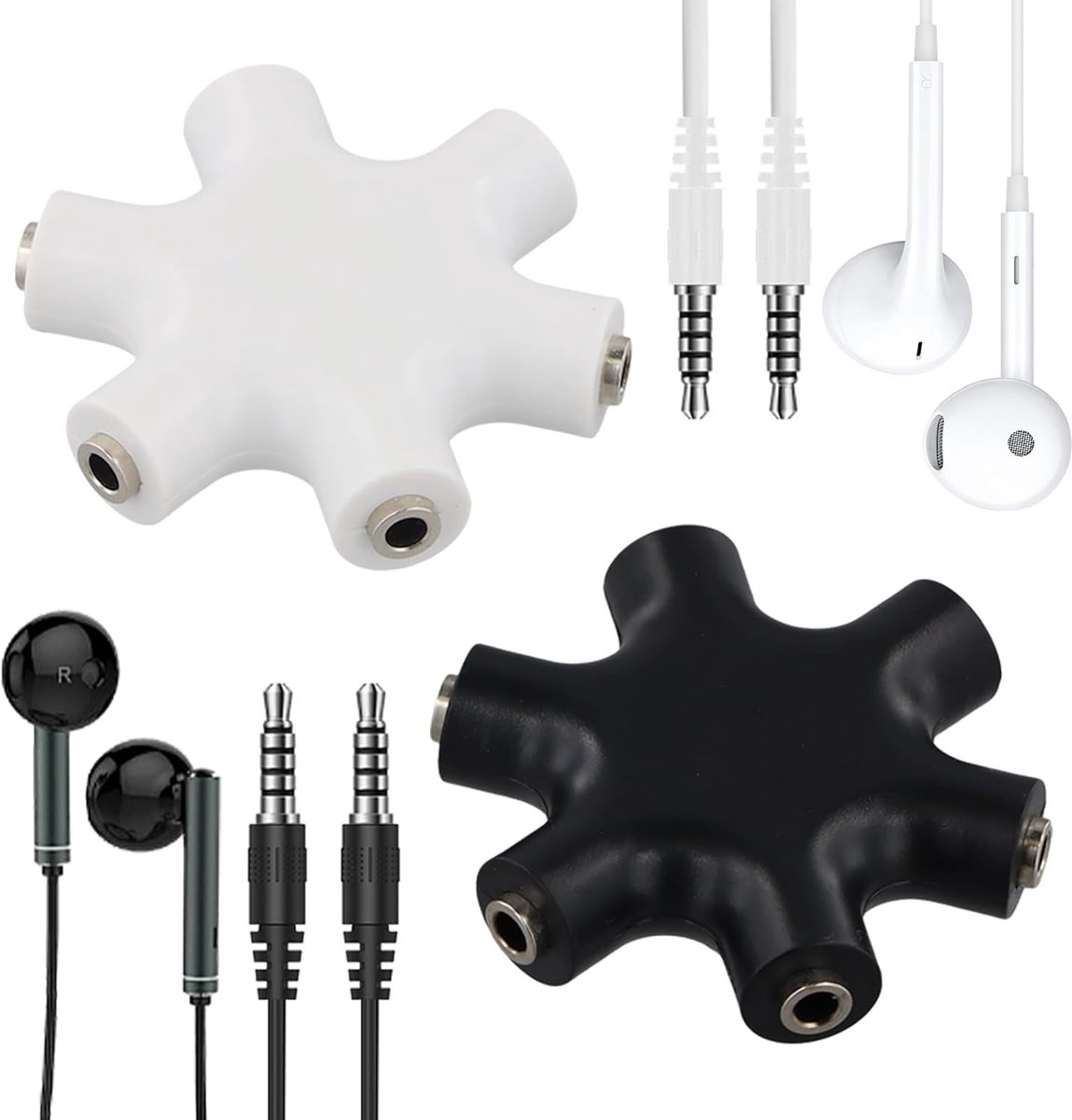 Hoofdtelefoon splitter 5 jack - 3,5mm audio splitter - zwart en wit - deel muziek met 5 personen - ShopVlot