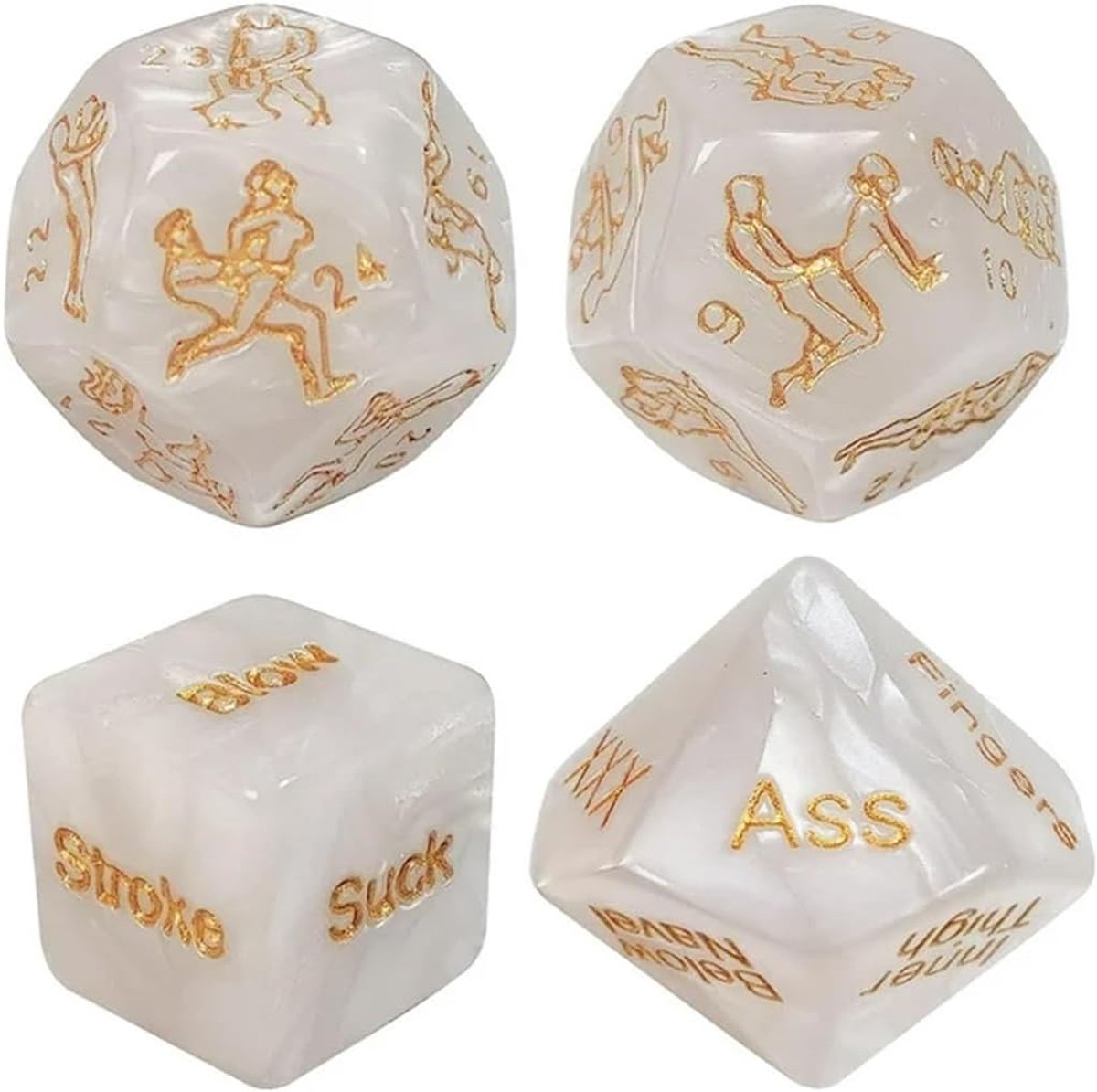 Set van 4 dobbelstenen - maat 18-25 mm - wit met gouden motieven - perfect cadeau voor jubileum - ShopVlot