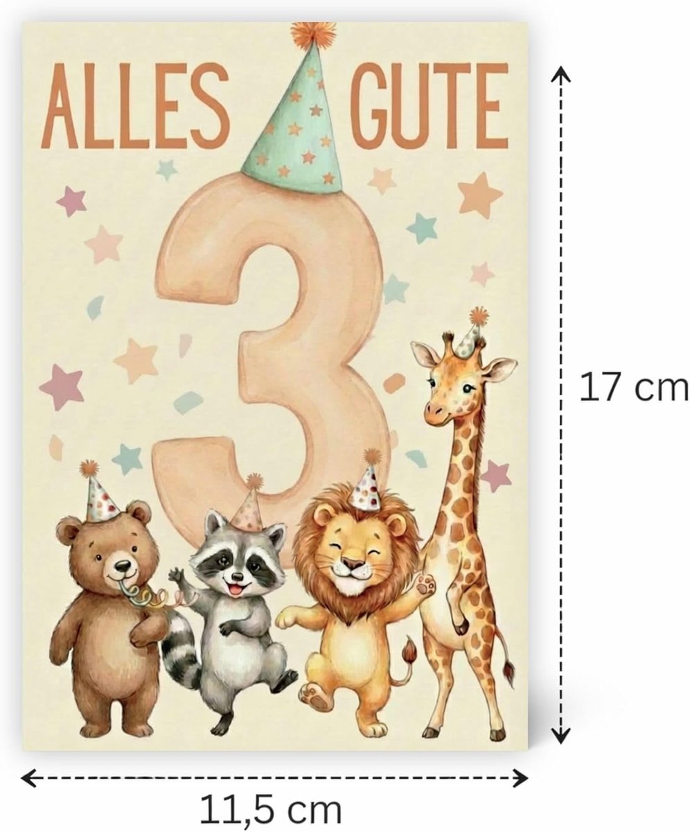 Verjaardagskaart 3 jaar met envelop - stijlvolle kaart voor jongens en meisjes - ruimte voor persoonlijke boodschap - ShopVlot