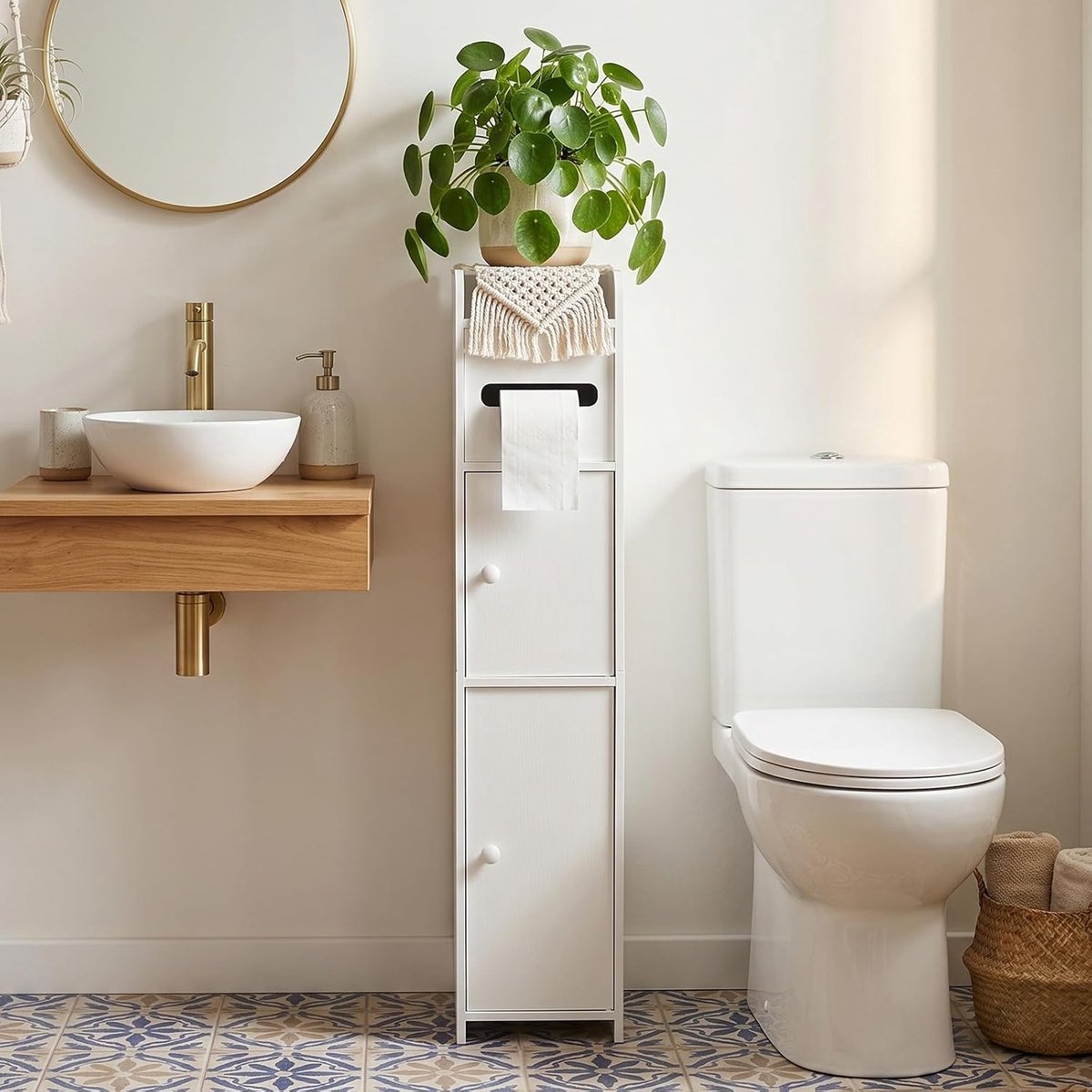 Toiletpapierhouderstandaard met deuren - witte opbergkast - slanke hoekplank - ideaal voor kleine badkamer - ShopVlot