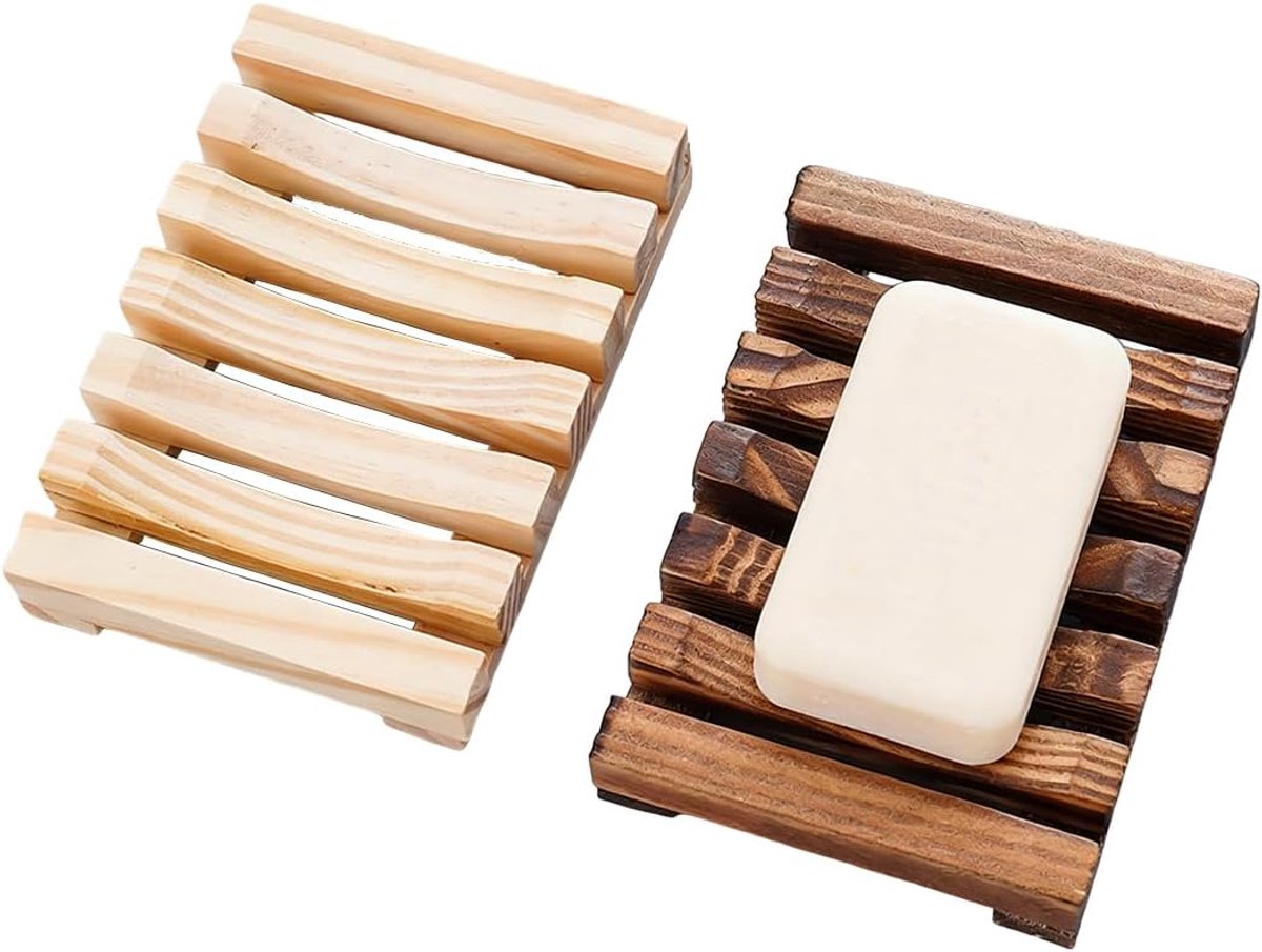 Zeepbakhouder hout - 2 stuks - zelflegend design - stijlvolle opslag voor badkamer en keuken - ShopVlot