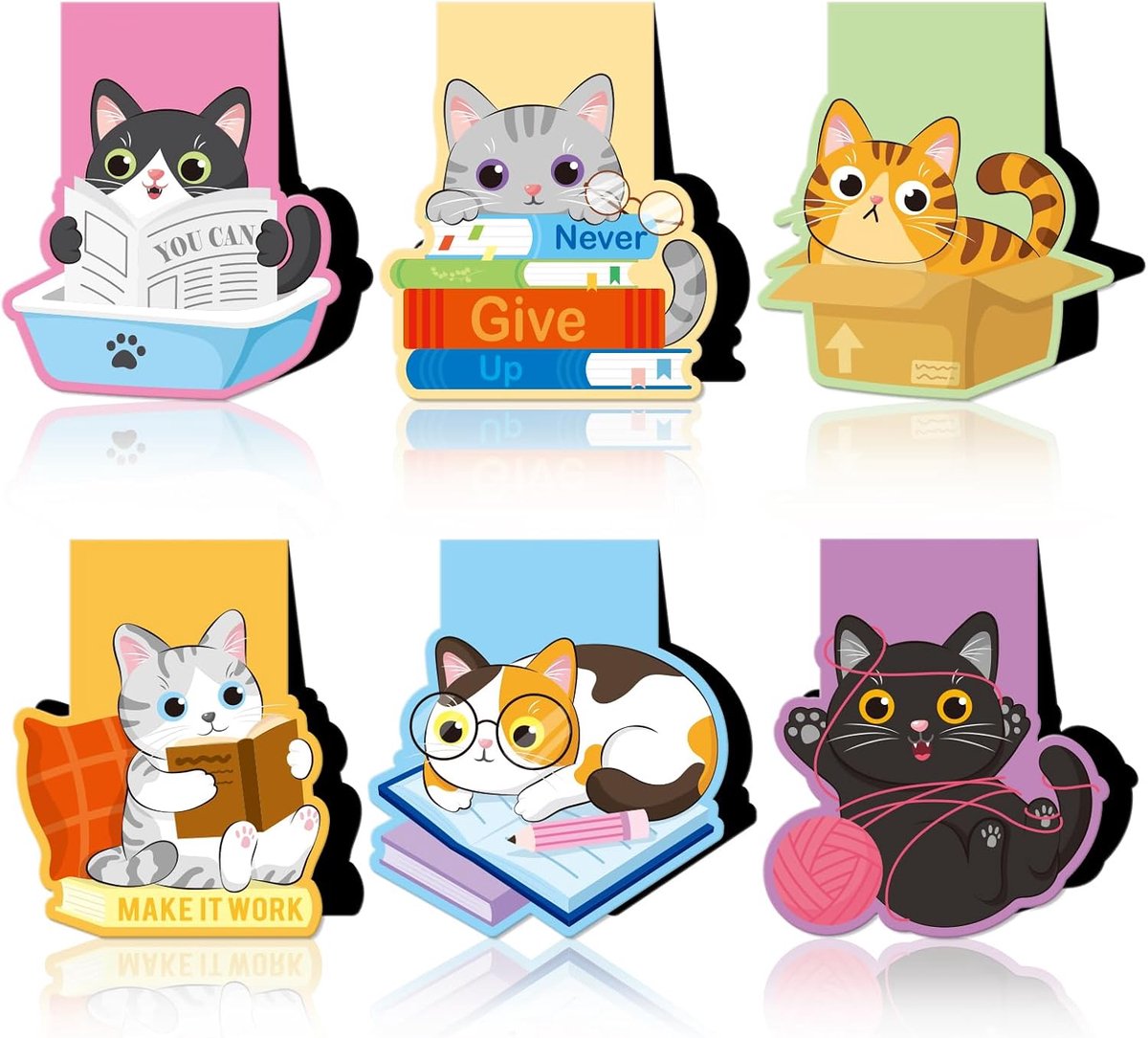 Boekenleggers schattige katten 6-pack - magnetisch - duurzaam papier - ideaal voor boekenliefhebbers - ShopVlot