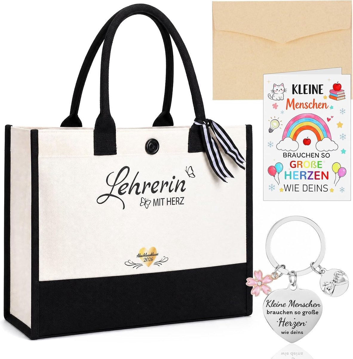 4-delige afscheidsgeschenk leraar geschenkset hart handtas - Herbruikbare tas voor leraren, sleutelhanger - ShopVlot
