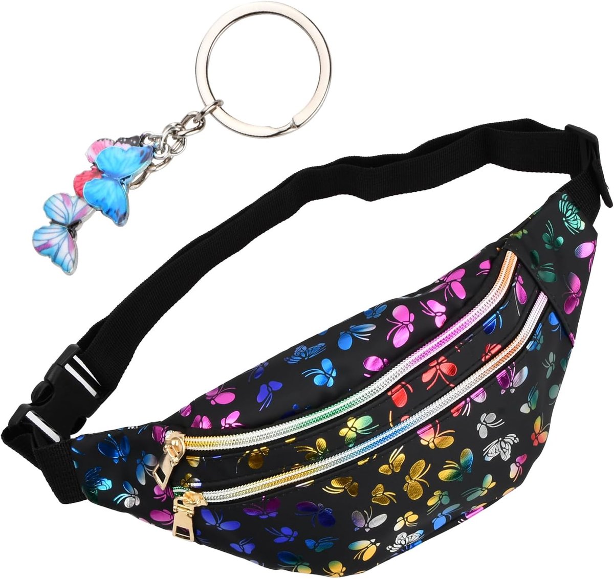Modieuze heuptas voor meisjes, sporttassen voor dames, glinsterende heuptas van PU-leer met vlinder-sleutelhanger - ShopVlot