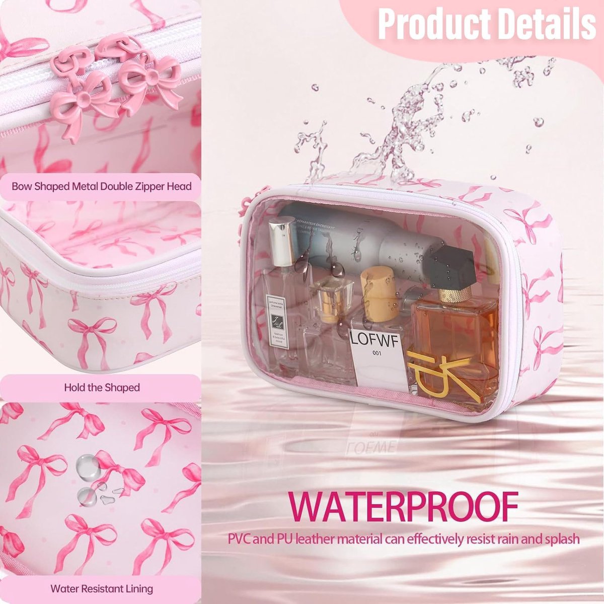 Cosmetic Bag with Clear Lid, Small Pink Travel Bowknot PU Leather Makeup Storage for Women Girls Makeup Pouch Purse - ShopVlot