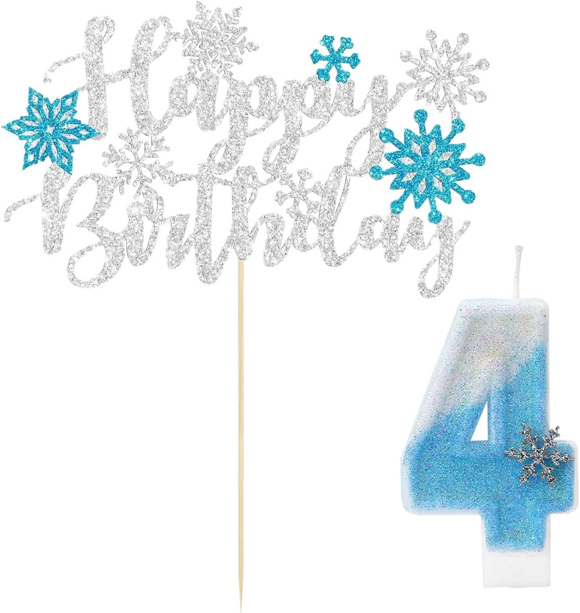 Feestelijke Kaars met Getal 4 en Wenskaart - IJs en Sneeuw Taartdecoratie
