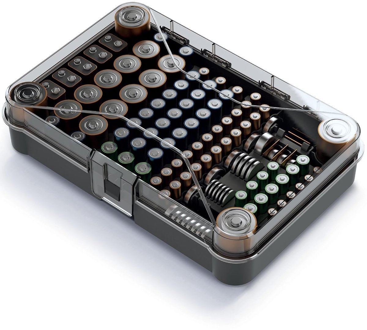Battery box for 115 batteries, organiser and storage box made of transparent plastic, 29.5 x 19.5 x 7 cm, without - ShopVlot