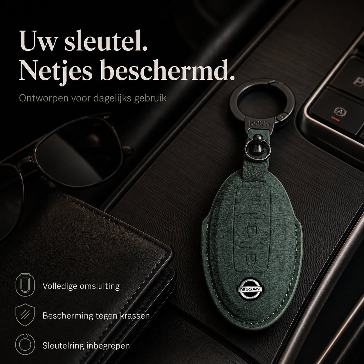 Zirkle Nissan Motor Corporation Autosleutel Hoesje Type C Groen – Luxe Leren Sleutelcover met Ring en Sleutelhanger – Beschermhoes voor Nissan Juke Qashqai Micra X-Trail Note – Krasbestendige 3D Key Case – Premium Auto Sleutel Accessoire