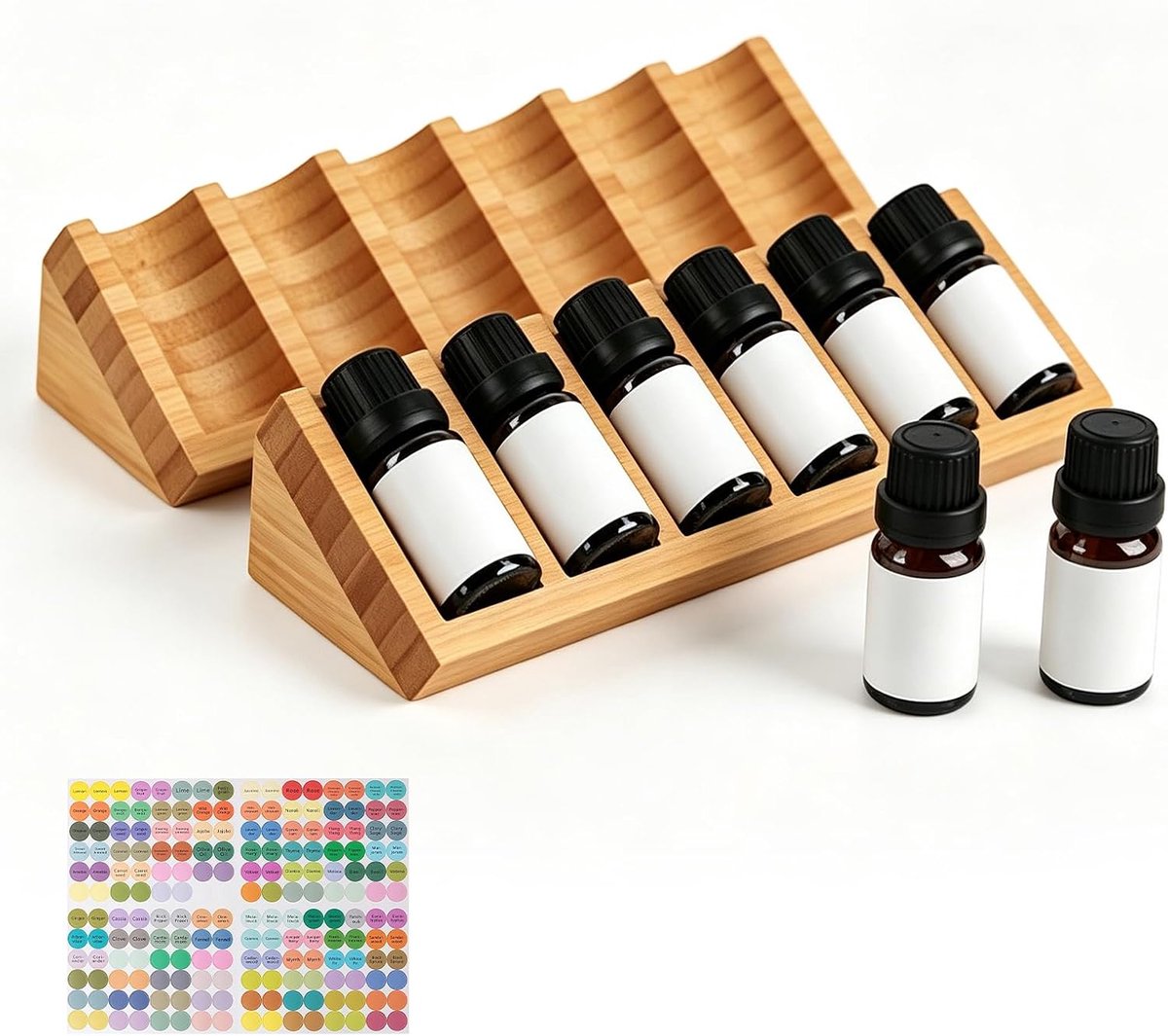 Etherische olie display standaard 2 stuks, 6 gaten aromatherapie oliën organizer van massief hout, driehoek houten - ShopVlot