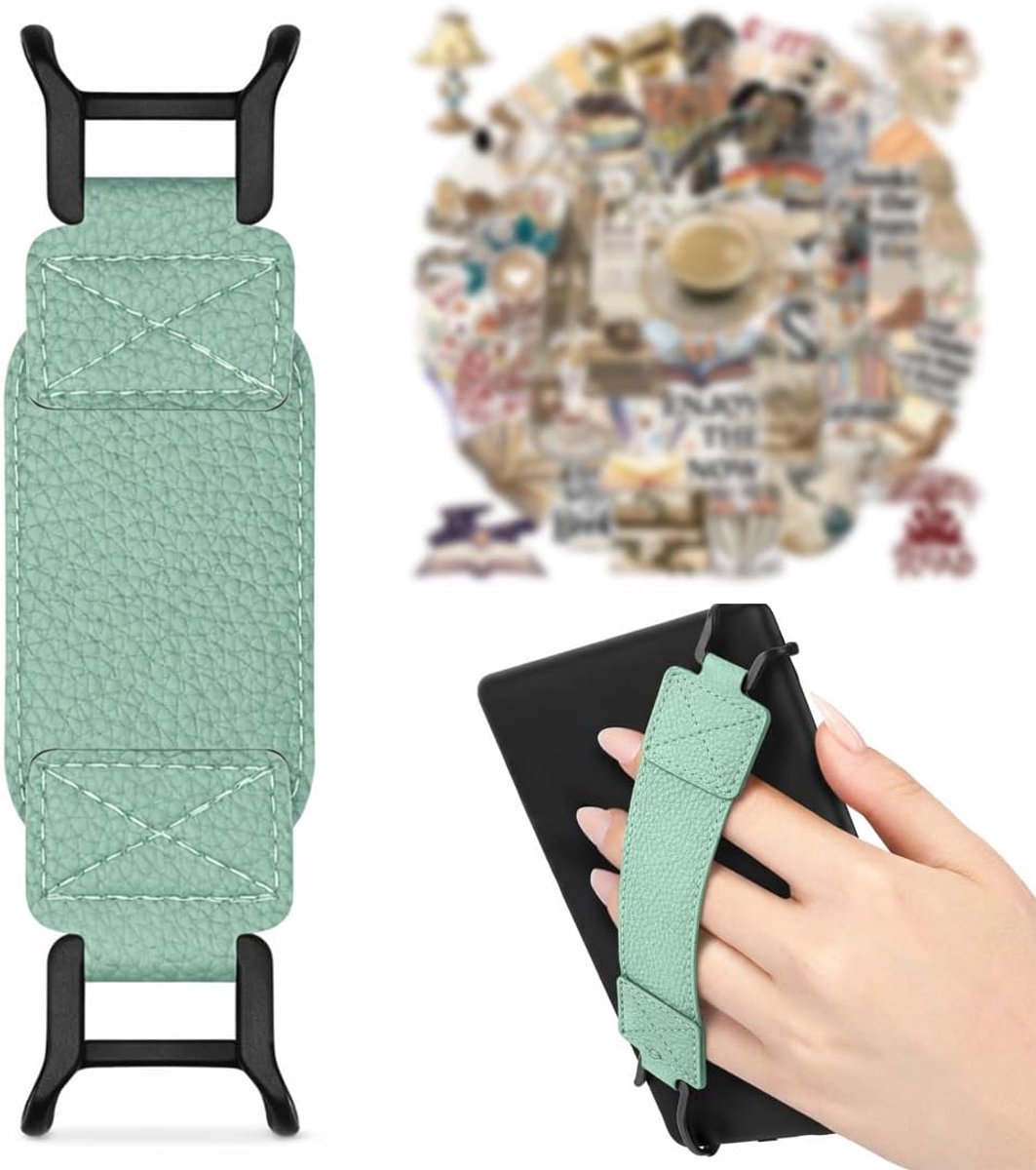 Kindle Green PU Leather Holder, Elastic for E-Readers and Tablets, 50 Retro Stickers as Gifts, Relieve Wrist Pain - ShopVlot