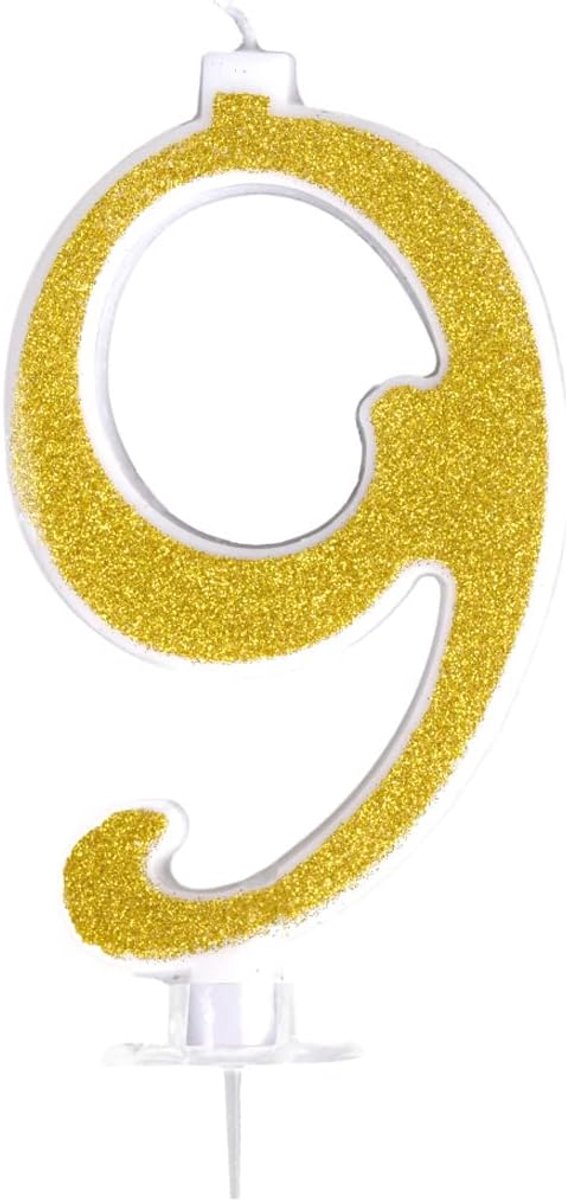 9 years birthday candles, gold, glittering candles, details 9 large numbers, suitable for birthday parties - ShopVlot