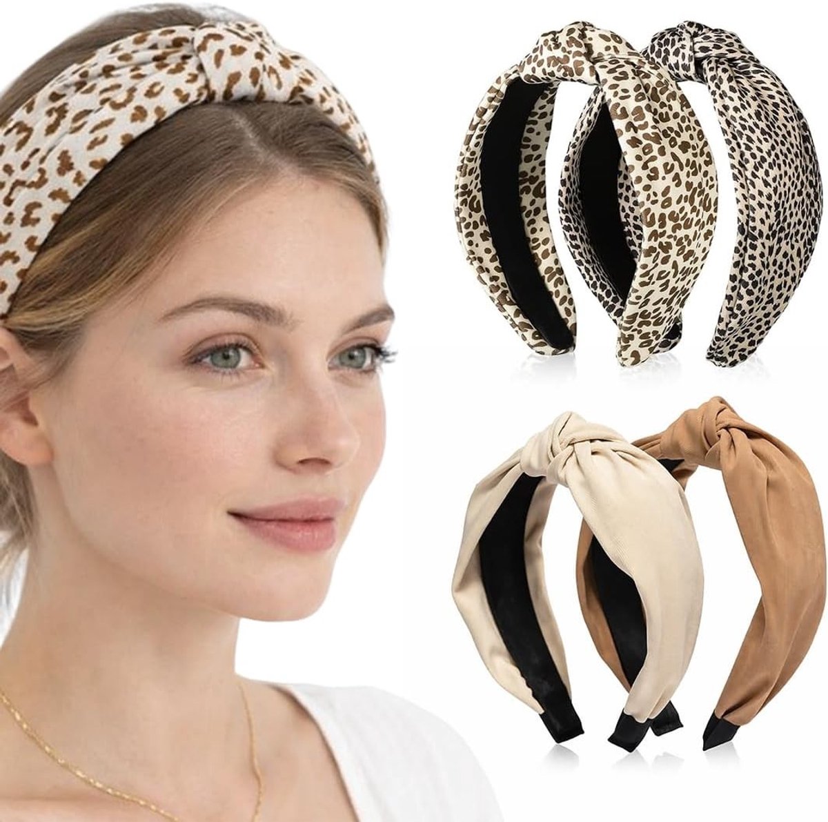 Haarbanden met luipaardpatroon en boho-knopen, antislip breed design voor retrostijl dames, trendy en kleurrijk accessoire