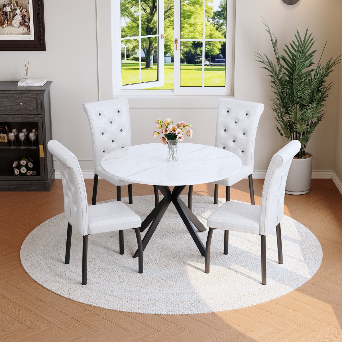 DESMIU Tafel En Stoel Set - Ronde Marmorlook Eettafel Met 4 Stoelen - Voor Eetkamer En Keuken - Metaal - Zwart Wit
