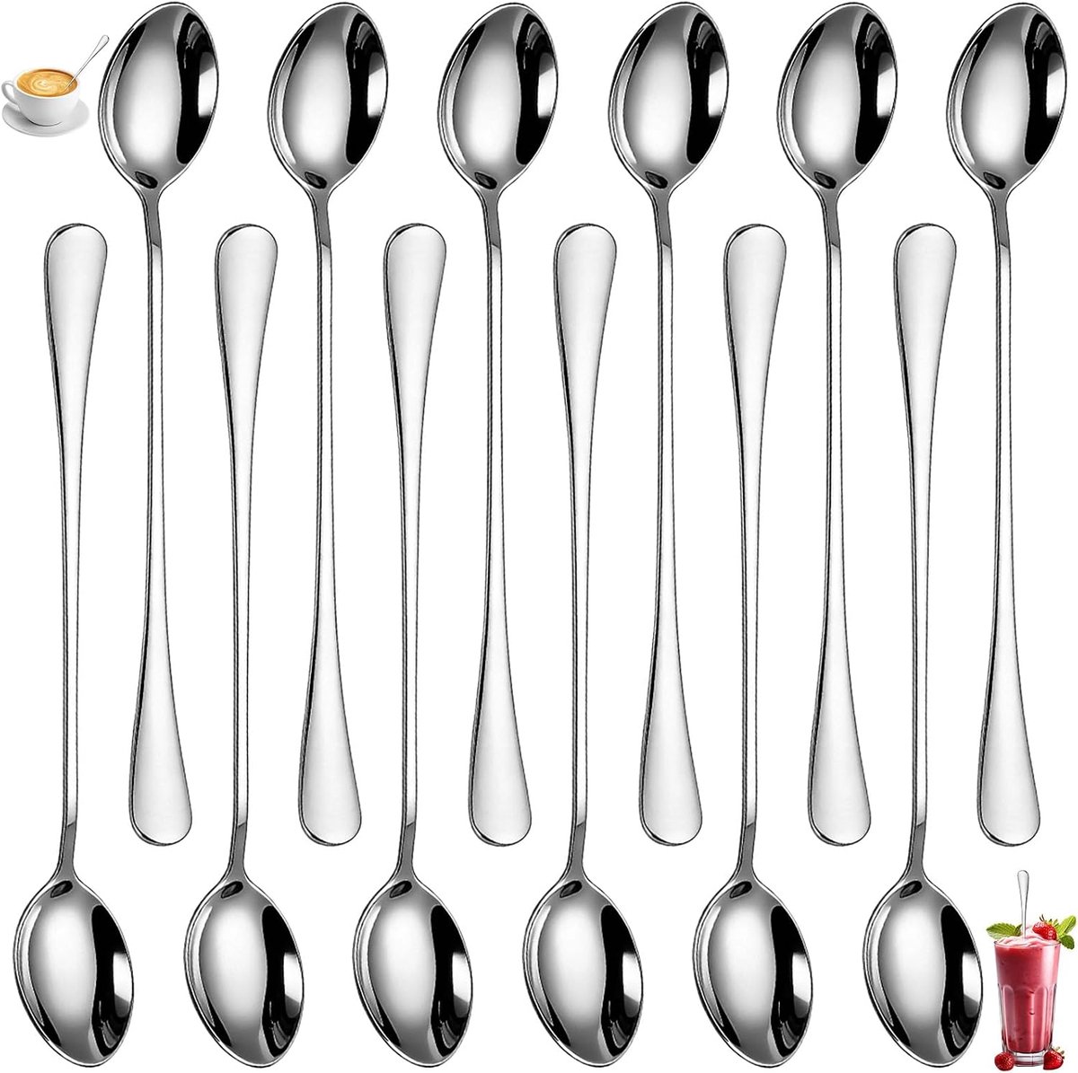 Set van 12 theelepels voor koffie, 19,5 cm lange steel roestvrijstalen latte macchiato-lepel, ijsthee lepels - ShopVlot