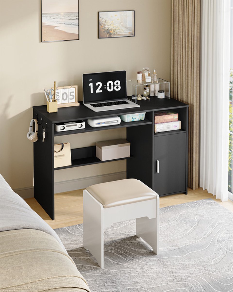 Hzuaneri bureau 108 x 50 cm, zwart, 1 deur – minimalistisch, stevig. Geschikt voor kantoor, werkkamer of slaapkamer. 108 x 50 cm, zwart