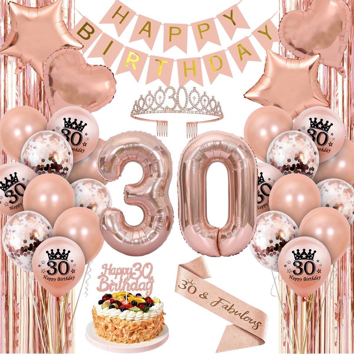 30e verjaardagsdecoraties voor vrouwen, roségoud, Happy Birthday-decoraties, ballonnen met banner, ballonnen, sjerp en - ShopVlot