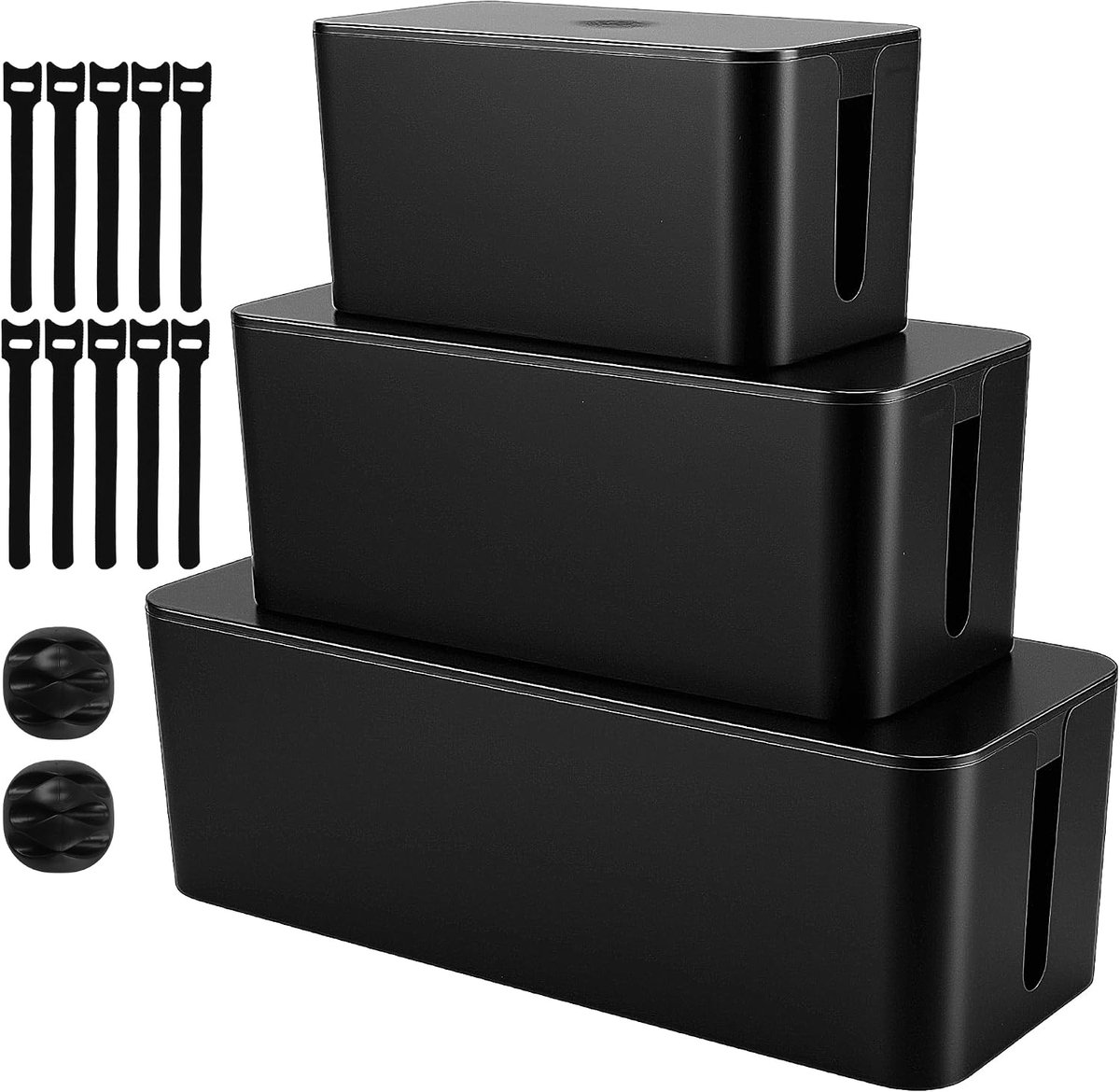 Kabelbox, 3 stuks, zwart, 3 maten, kabelorganizer, box met deksel, kunststof, kabelmanagementbox met organizer en - ShopVlot