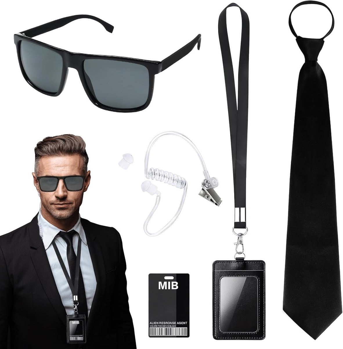 Agent Costume Accessory Set, Men in Black Fancy Dress Including Black Sunglasses, Tie, Earphone, ID Card & Card Holder - ShopVlot