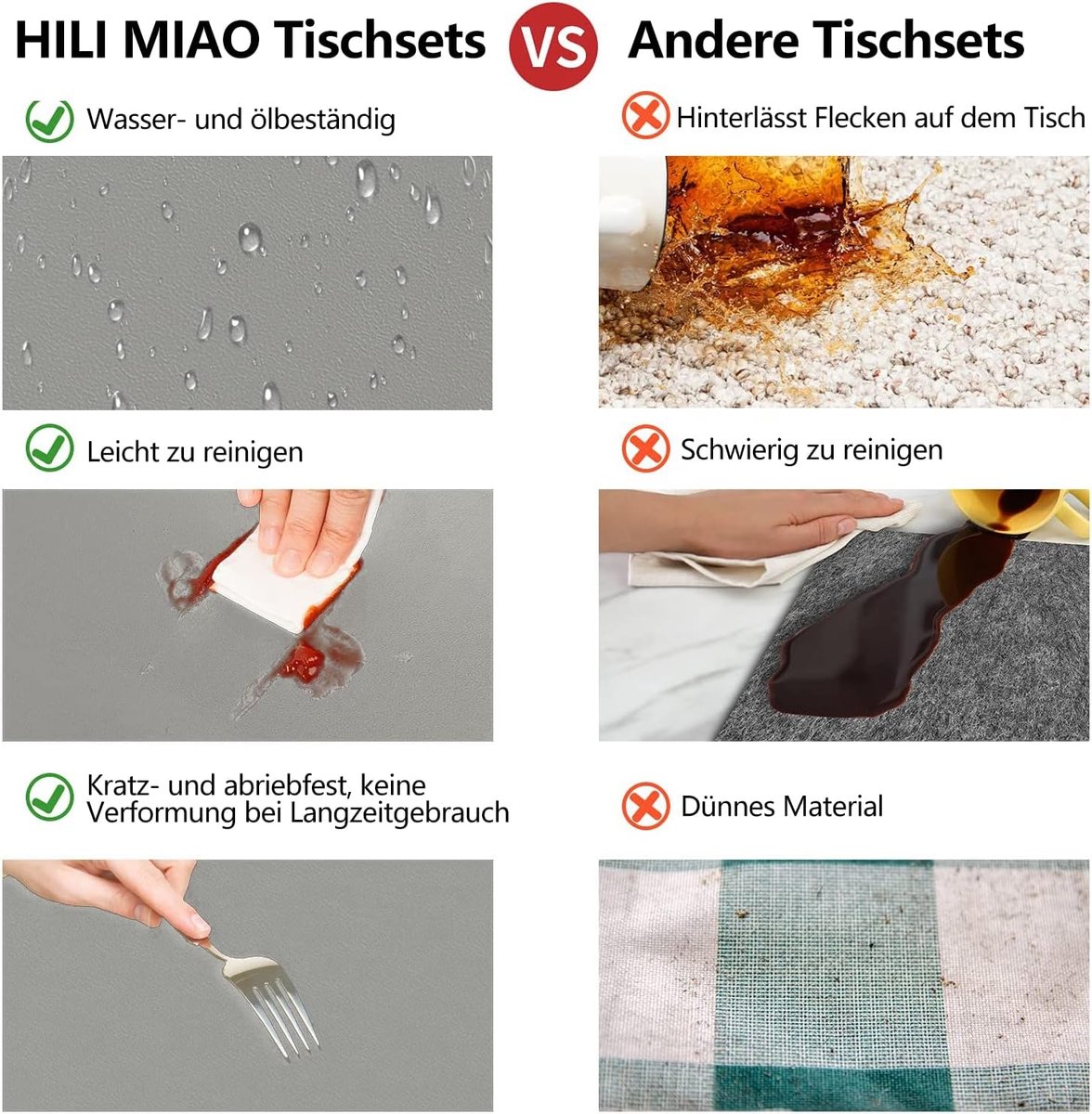 HELI MIAO Set of 6 Placemats, Washable, Washable, Leather Look, Placemat and Coaster, 43 x 30 cm, Waterproof - ShopVlot