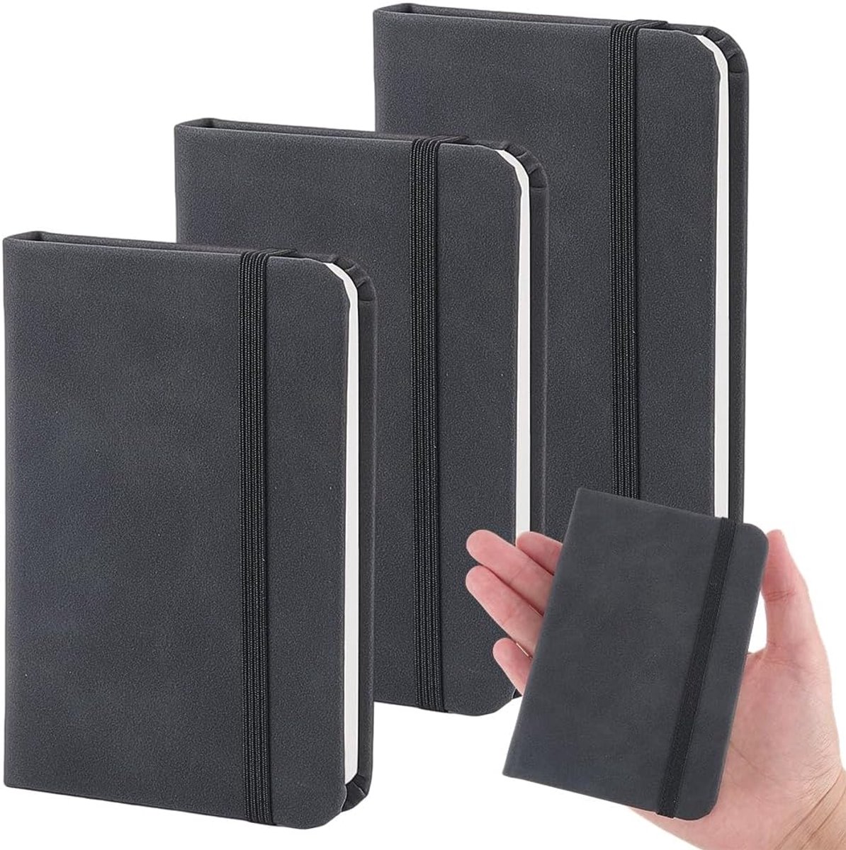 3 x PU leather mini pocket notebooks, 11.2 x 7.5 cm, small hard cover notebook made of black leather, 80 sheets - ShopVlot