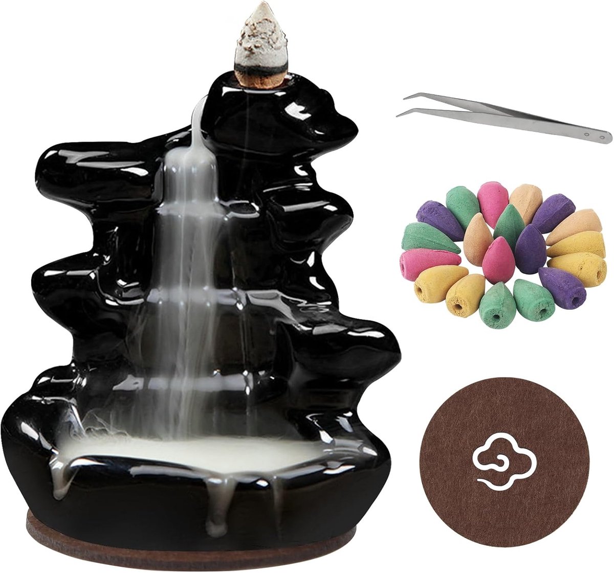Backflow Censer, Smoke, Waterfall, Backflow, Ceramic Incense Stick Holder with 60 Incense Cones, Tongs and Table Mat - ShopVlot