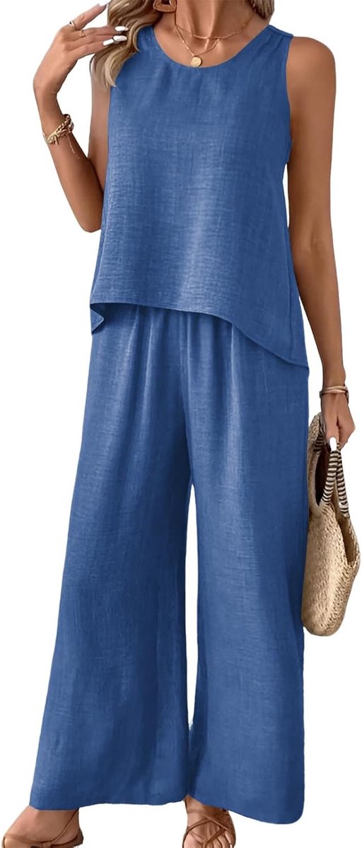 ANUFER Women 2 Pieces Clothing Set Openwork Sleeveless Tank Top with Elastic Waist Wide Leg Pants - ShopVlot