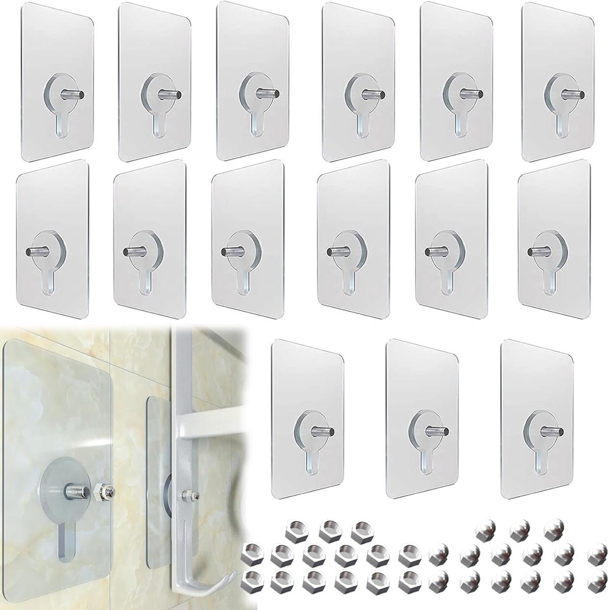 15 Pcs Adhesive Hooks, Transparent Screw Hooks, Glue Screw Hooks Nail Free, No Drilling, Comes with Screw Caps, for - ShopVlot