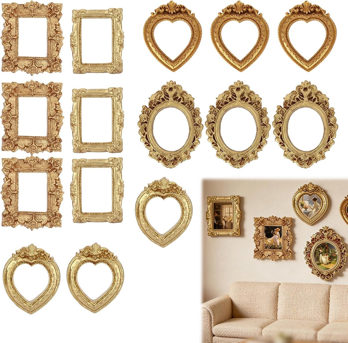 15-Piece Vintage Style Mini Picture Frames Set - Miniature Small Picture Frames in Gold for Charming Presentations - ShopVlot