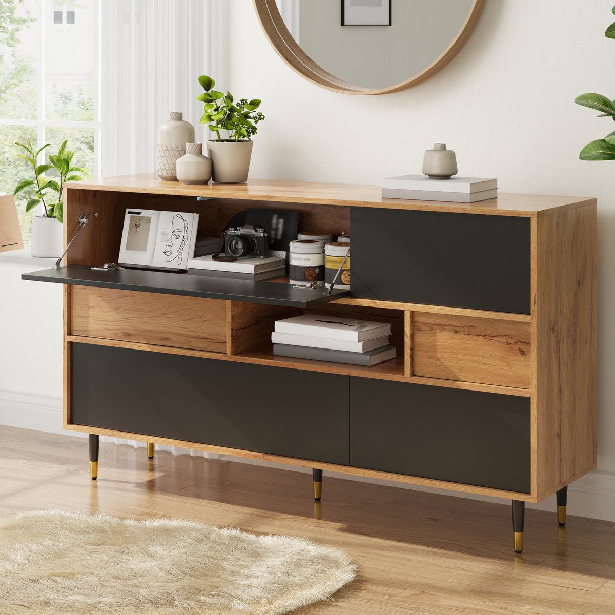 DESMIU Dressoir - Modern Sideboard Met 2 Lades En Open Vak - Voor Woonkamer En Hal - Hout En Zwart - 140x40x84,5 Cm