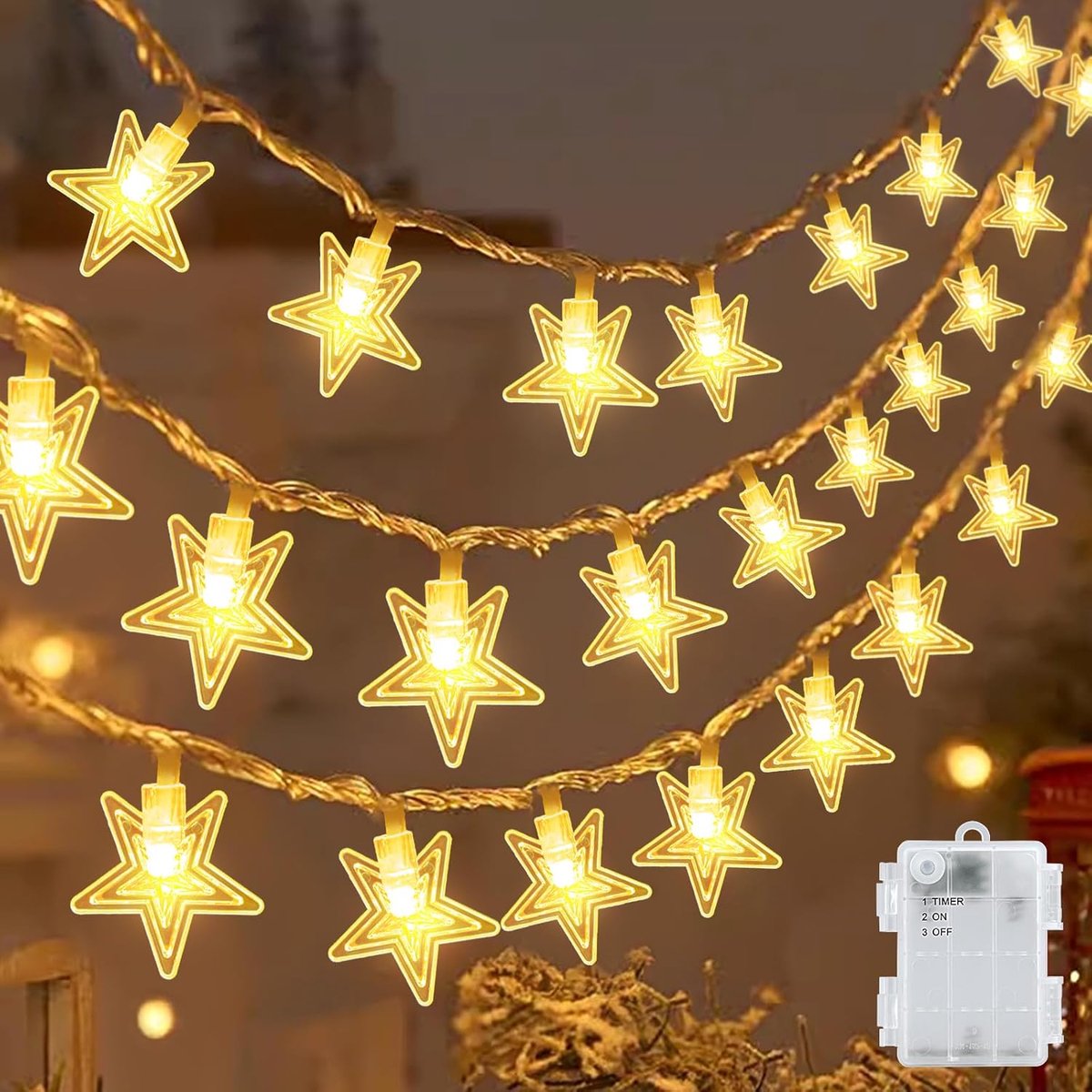 cshare Led-lichtsnoer met sterren voor buiten, 6 m, 40 leds, vijfpuntige ster, werkt op batterijen, met timer, IP65 - ShopVlot