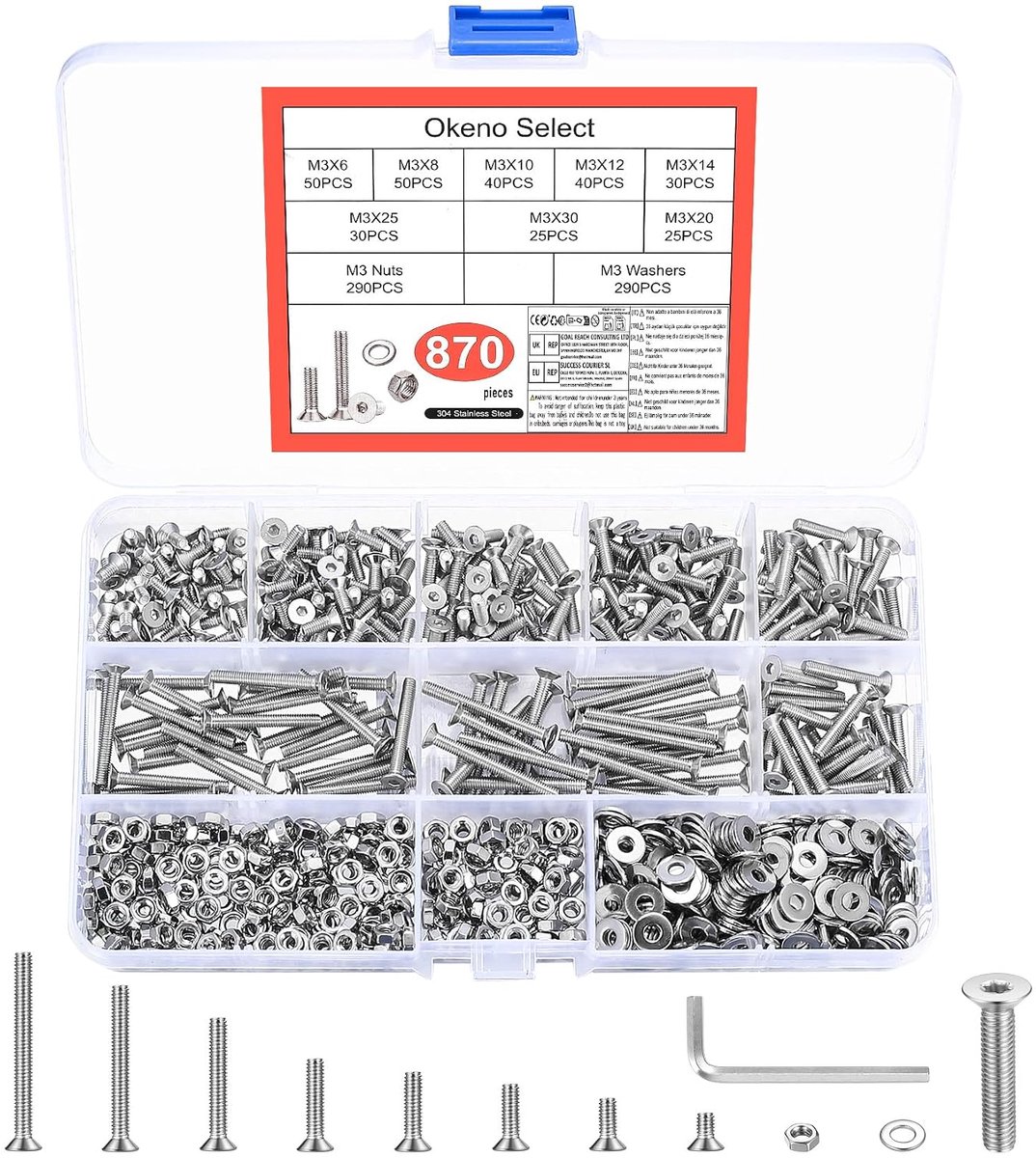 870pcs M3 Screw Set, M3 Countersunk Head Screws, Nut Set, Hexagon Flat Head Screws with Nuts, Stainless Steel Hex - ShopVlot