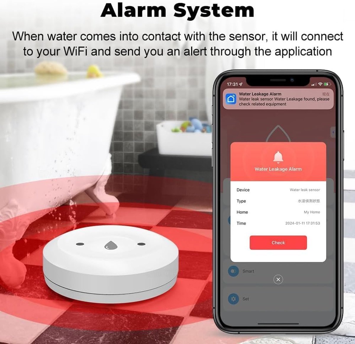 WiFi-waterlekdetector, slimme wifi-watermelder, app-afstandsbediening, watersensor voor keukens, kelders, wastafels en - ShopVlot