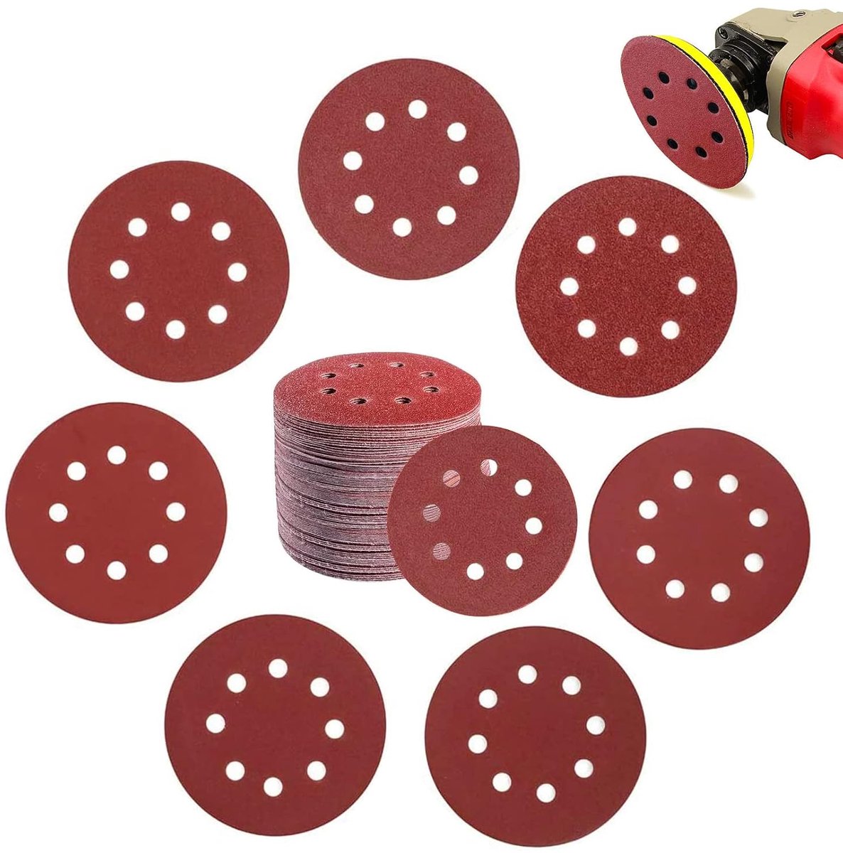 Sandpaper discs for eccentric sanders, 100 pieces, 125 mm, 8 holes, round sanding discs, P60, 80, 120, 180, 240, 320 - ShopVlot