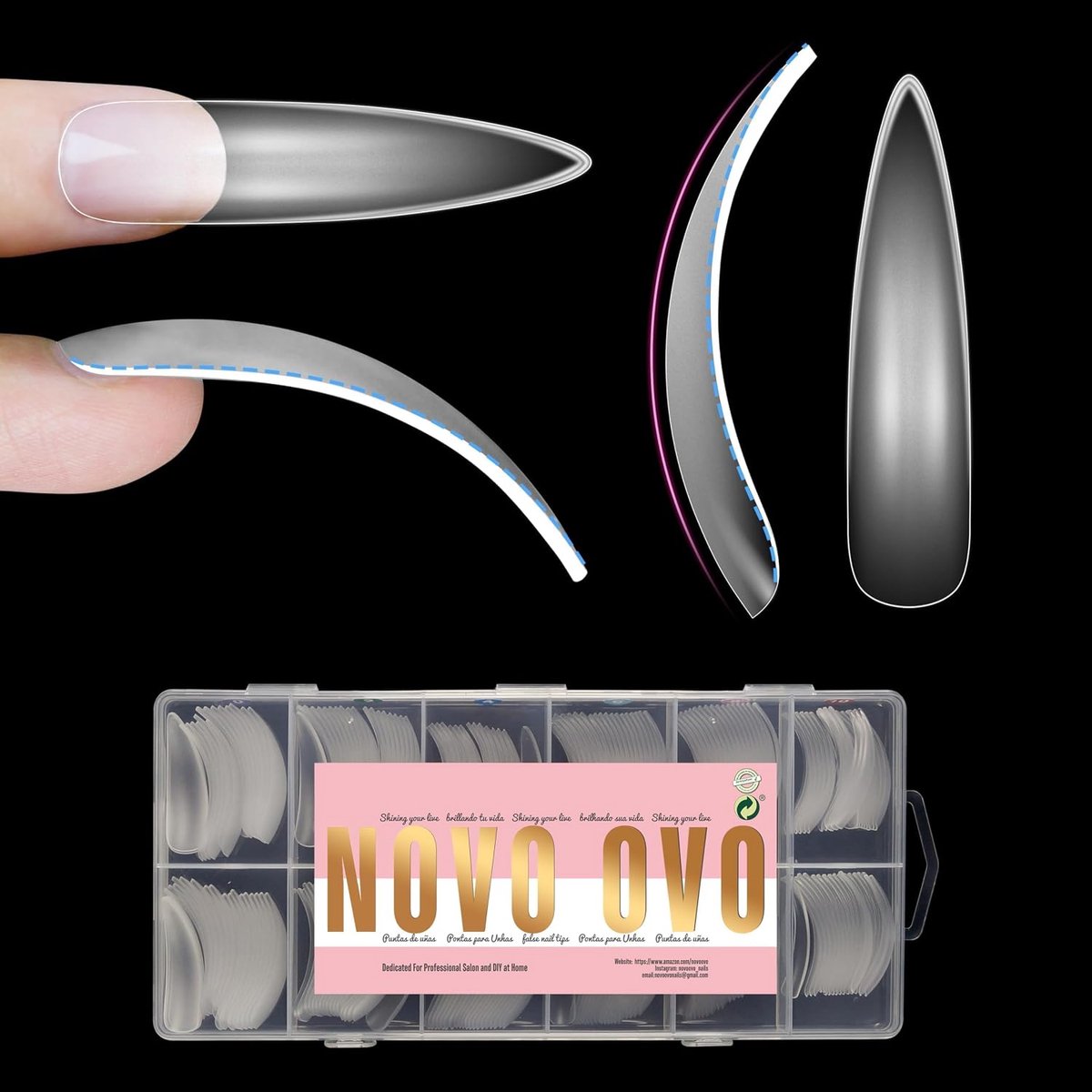 NOVO OVO Halloween XXL Curved Almond Stiletto Nail Tips Press on Full Cover, Extra Long XL Acrylic Hawk-Curve False - ShopVlot