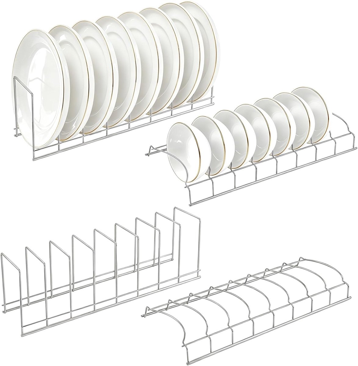 4-delig bordenrek voor de keukenkast, zilver - Roestvrijstalen bordenorganizer voor keukenkasten, afdruiprek, kommen - ShopVlot