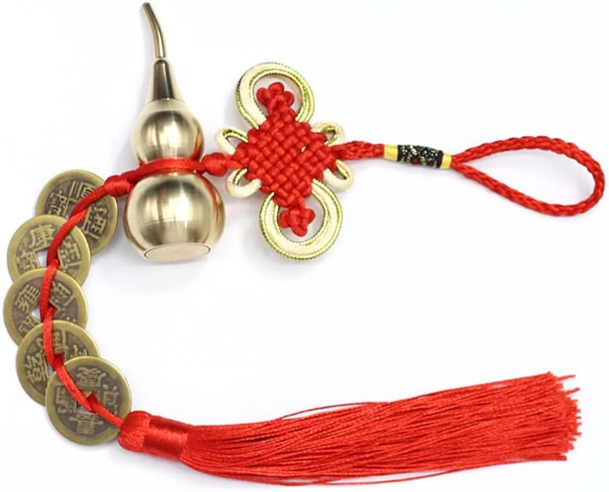 SnelShoppen - 2 stuks Chinese geluksmunten met Feng Shui I-Ching munt en Calabash Wu Lou hanger voor geluk en gezondheid, handgemaakt van hoogwaardig