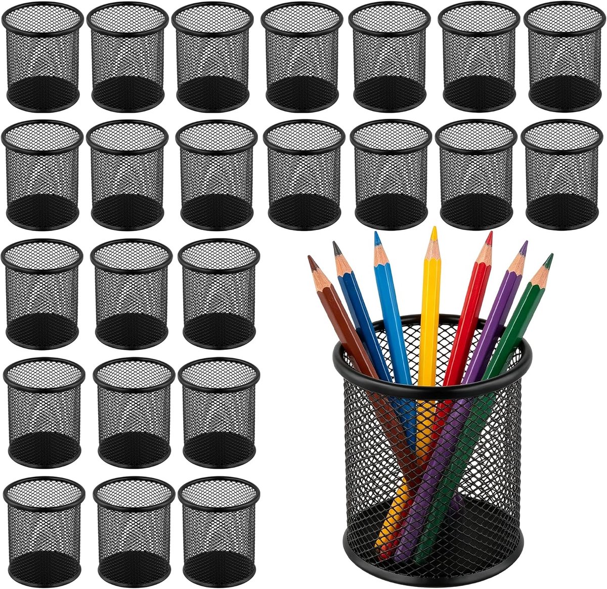 24 stuks pennenhouders metaal, 9 x 10 cm, ronde pennenkoker, metaal, pennenhouder, zwart, voor bureau, kantoor, thuis - ShopVlot