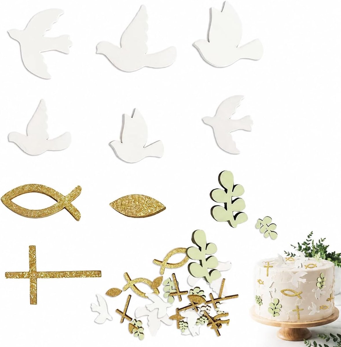 70 stuks goud-wit-groene communie- en doopdecoratie: houten vissen, duiven & kruisjes – elegante tafel- en - ShopVlot