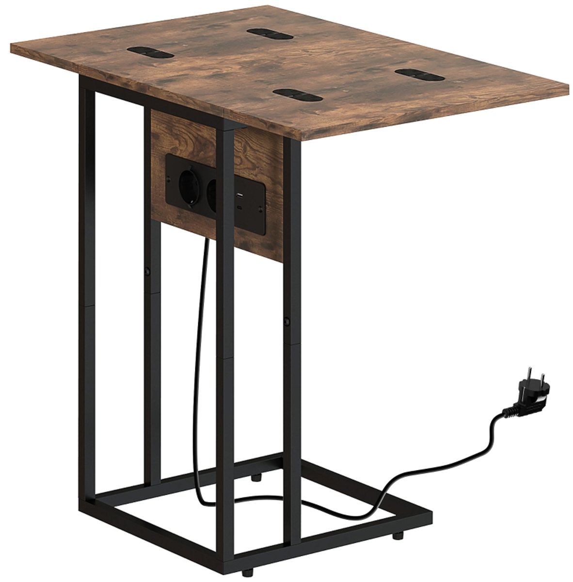 Inklapbare Bijzettafel 39x29x57 cm Met USB Poorten En Stopcontacten - Metaal Hout Rustic Brown